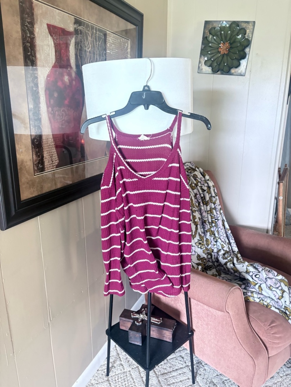 Striped Magenta Sleeveless Knit cold shoulder top